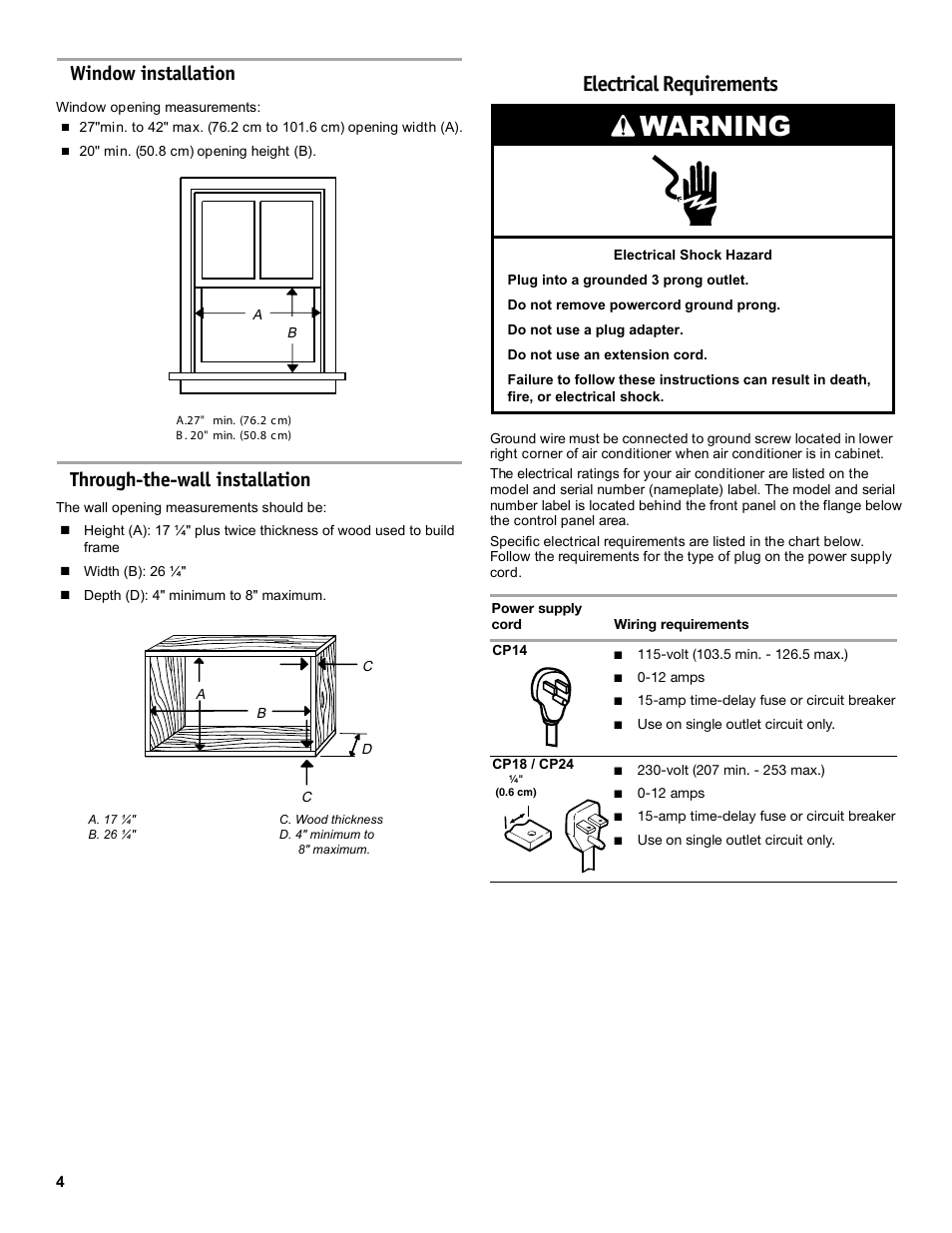 Warning, Electrical requirements, Window installation | Through-the-wall installation | Friedrich CP14 User Manual | Page 4 / 16