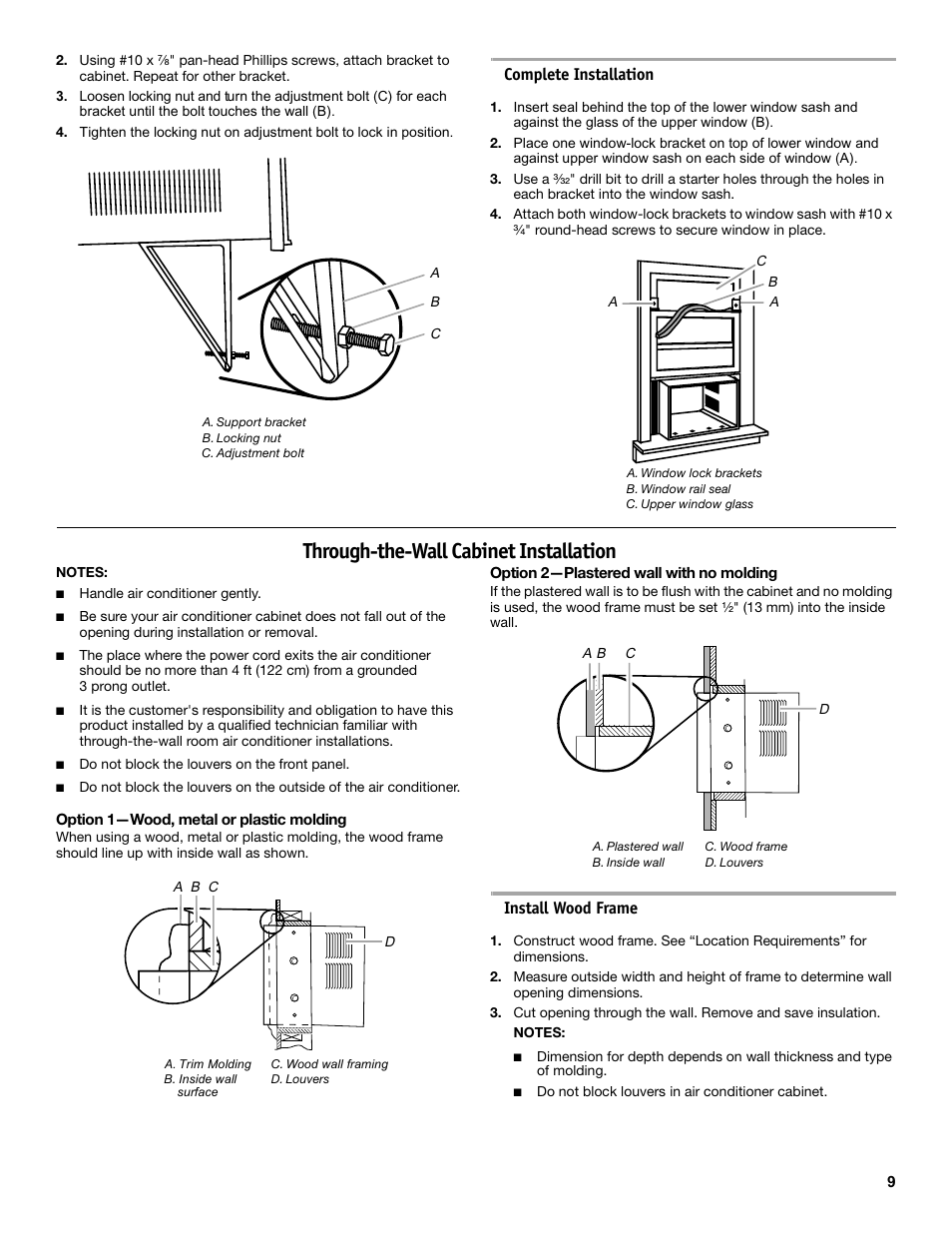 Through-the-wall cabinet installation, Complete installation, Install wood frame | Friedrich CP14 User Manual | Page 9 / 16