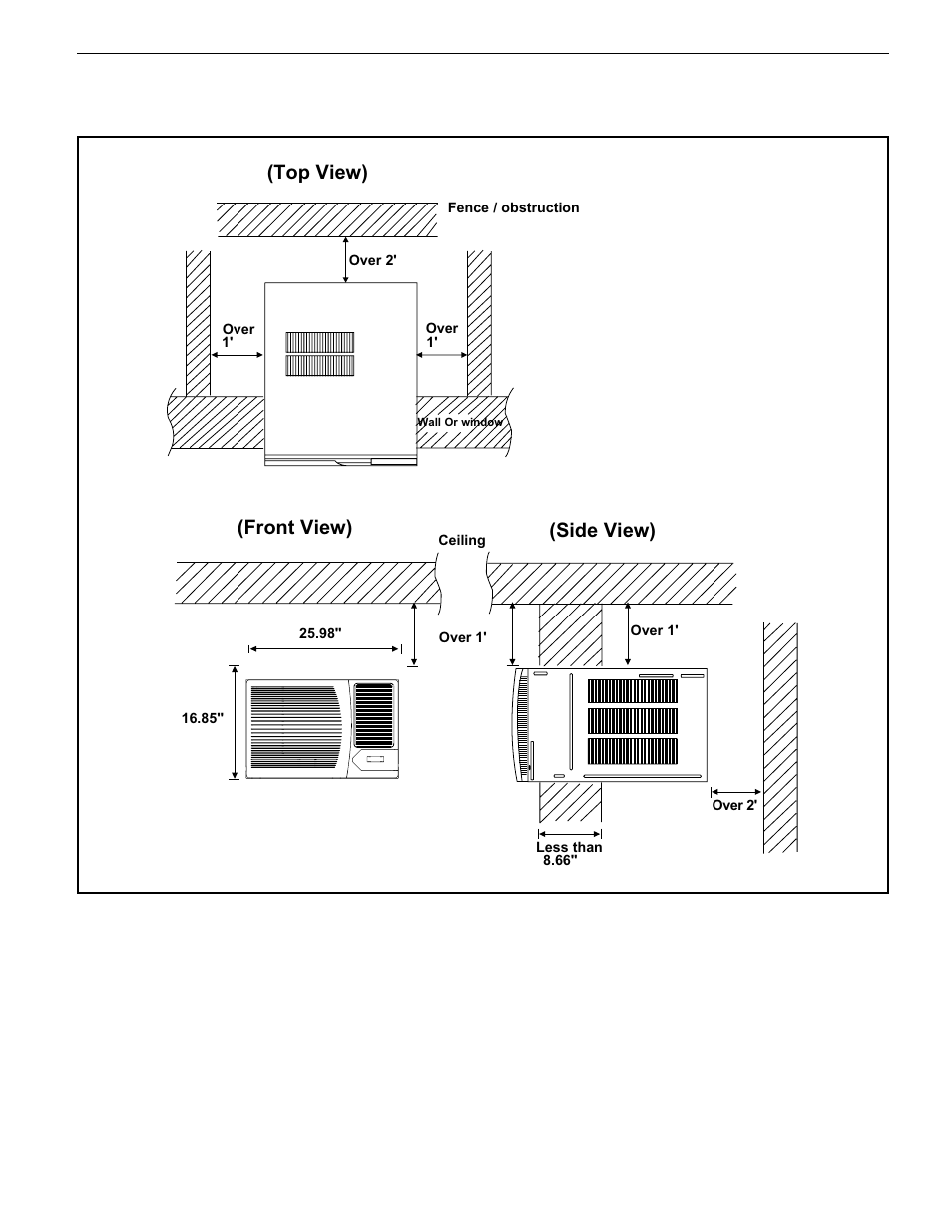 Installation dimensions, Front view) (side view) | Friedrich CP14-18-24 CP24N30 User Manual | Page 5 / 28