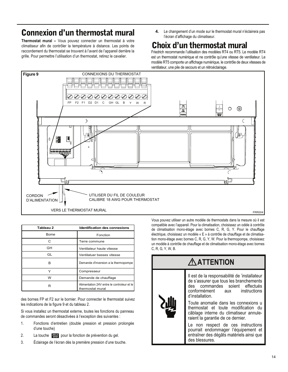 Connexion d’un thermostat mural, Choix d’un thermostat mural, Attention | Friedrich ES15M33 User Manual | Page 102 / 132