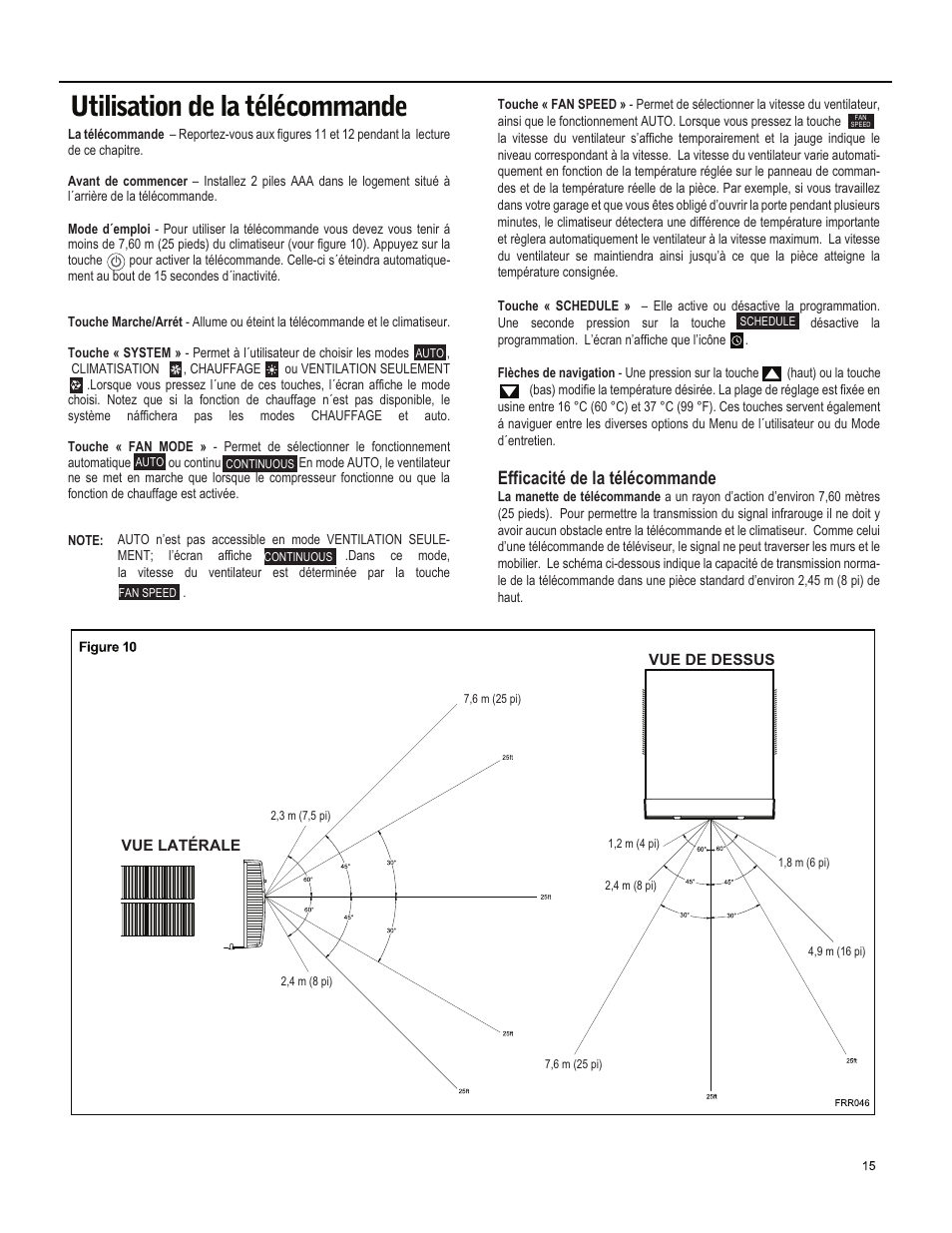 Utilisation de la télécommande, Efficacité de la télécommande | Friedrich ES15M33 User Manual | Page 103 / 132