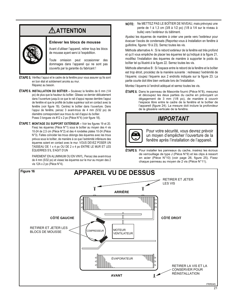 Appareil vu de dessus, Attention, Important | Friedrich ES15M33 User Manual | Page 109 / 132