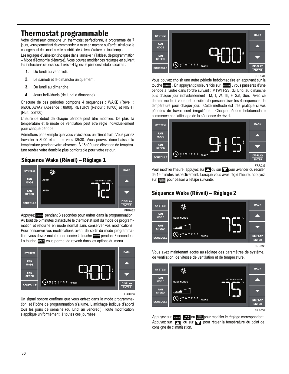 Thermostat programmable, Séquence wake (réveil) – réglage 1, Séquence wake (réveil) – réglage 2 | Friedrich ES15M33 User Manual | Page 124 / 132