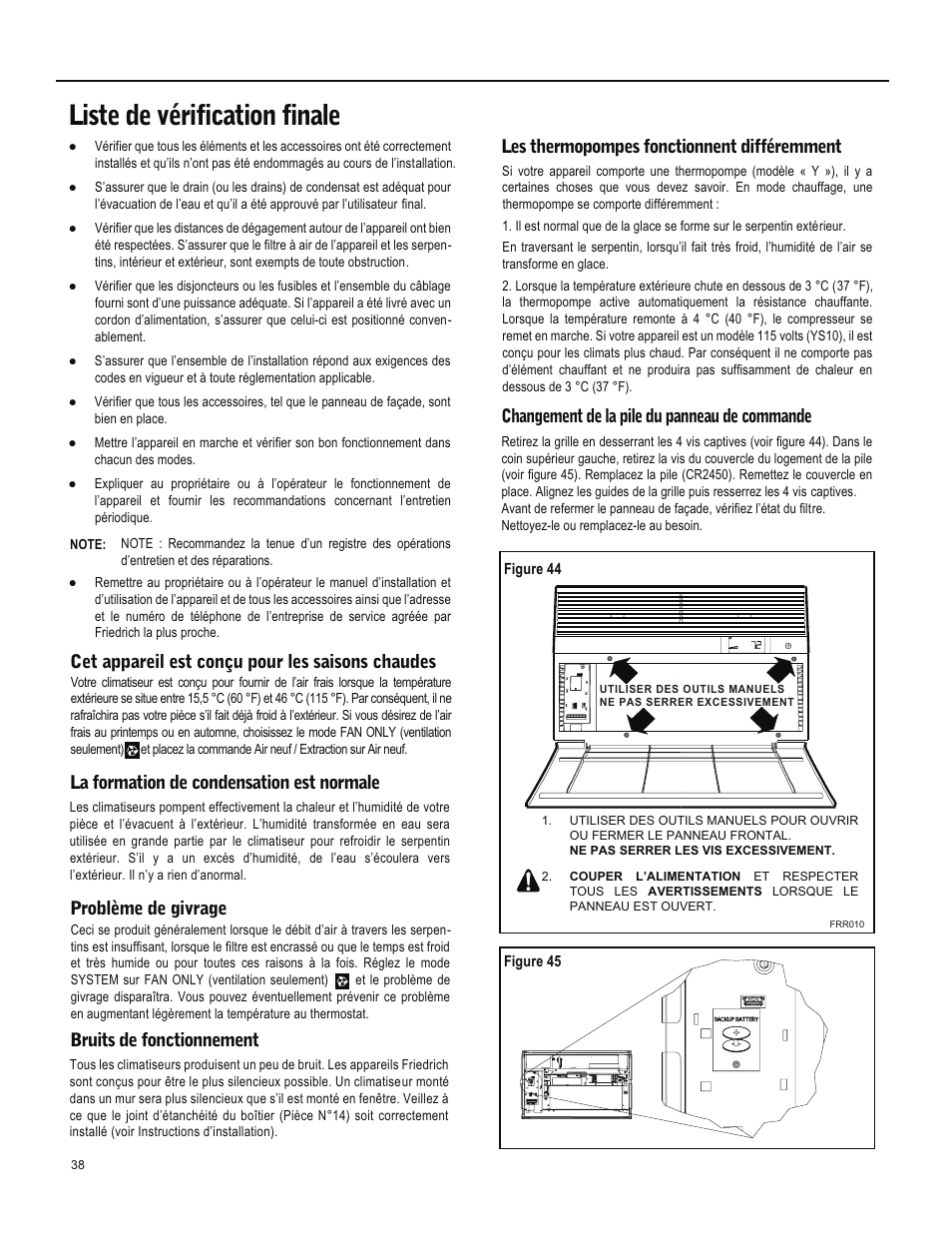 Liste de vérification finale | Friedrich ES15M33 User Manual | Page 126 / 132