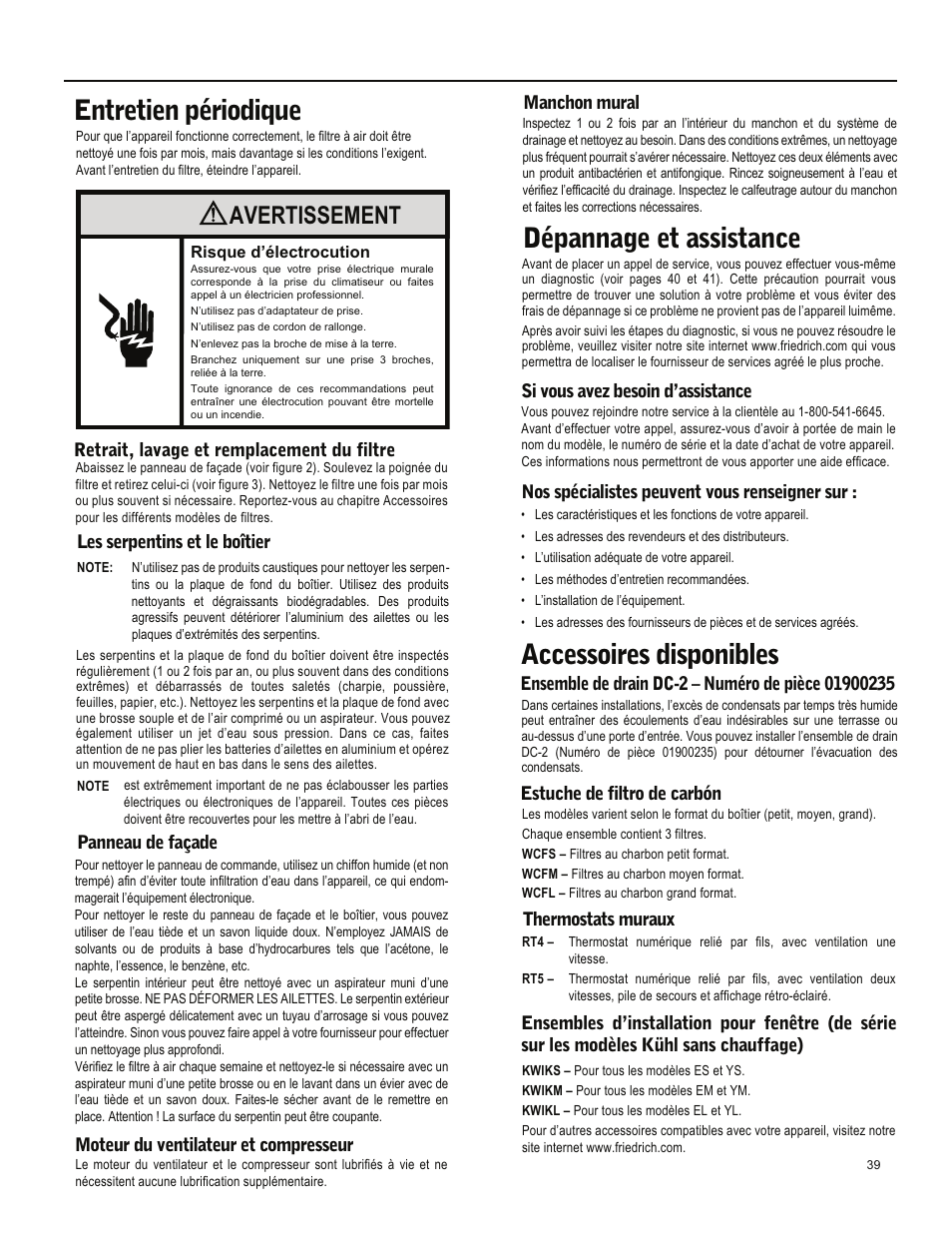 Entretien périodique, Dépannage et assistance, Accessoires disponibles | Avertissement | Friedrich ES15M33 User Manual | Page 127 / 132