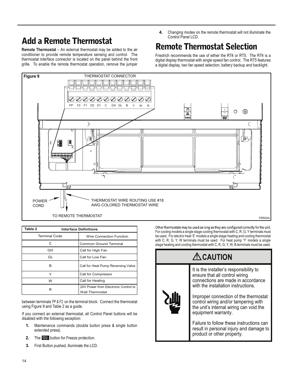 Add a remote thermostat, Remote thermostat selection, Caution | Friedrich ES15M33 User Manual | Page 14 / 132