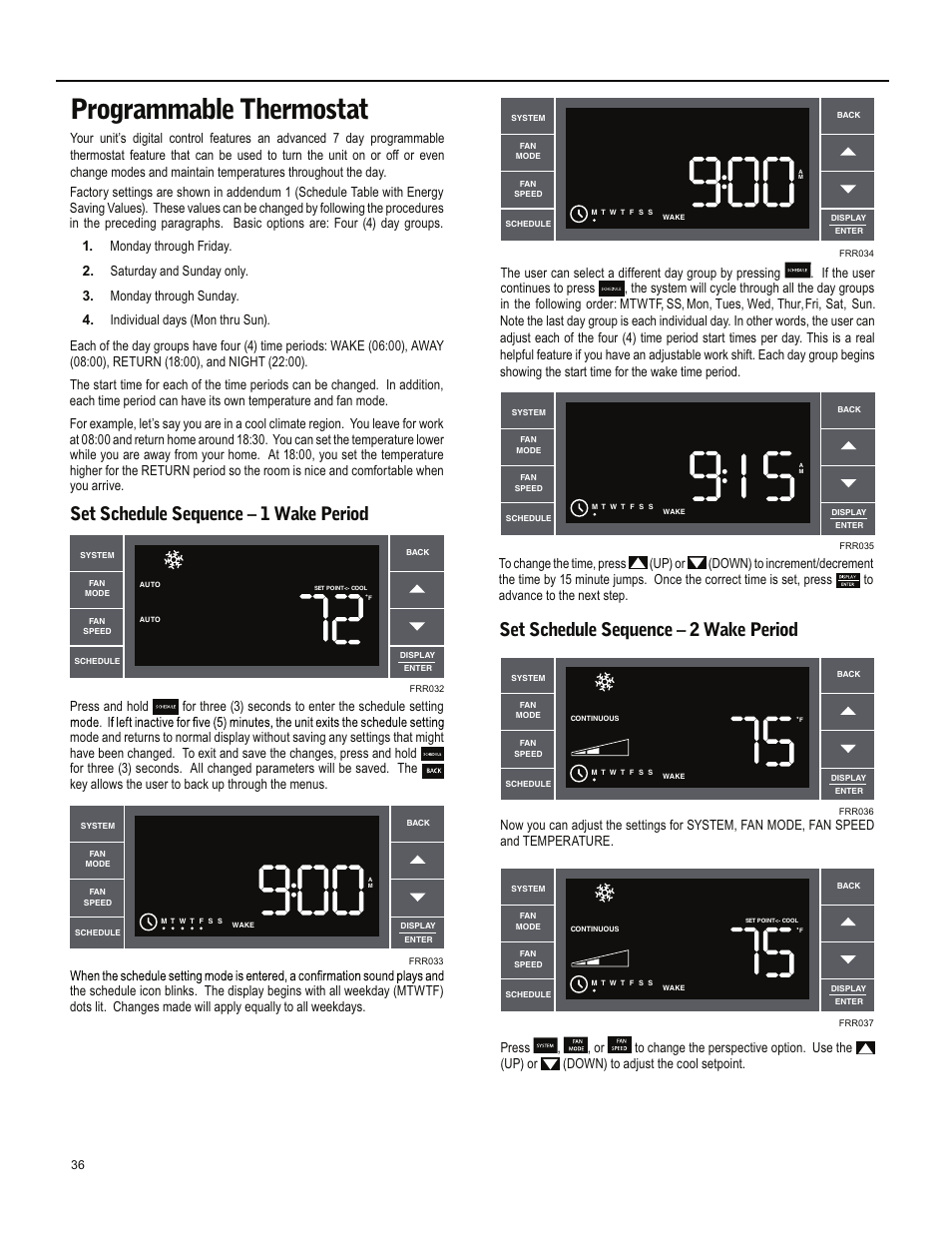 Programmable thermostat, Set schedule sequence – 1 wake period, Set schedule sequence – 2 wake period | Friedrich ES15M33 User Manual | Page 36 / 132