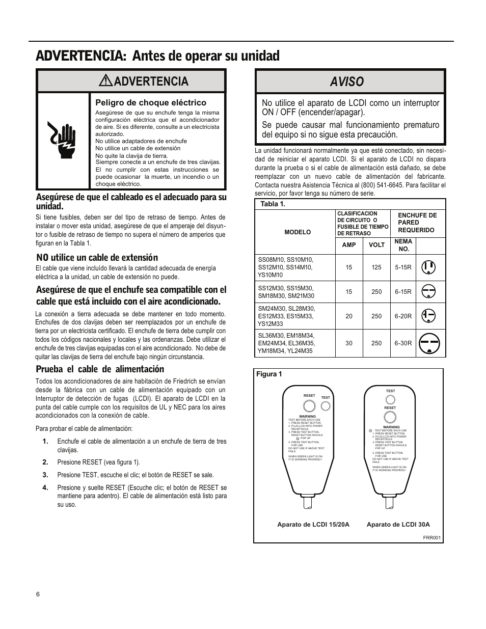 Advertencia: antes de operar su unidad, Aviso, Advertencia | Peligro de choque eléctrico | Friedrich ES15M33 User Manual | Page 50 / 132