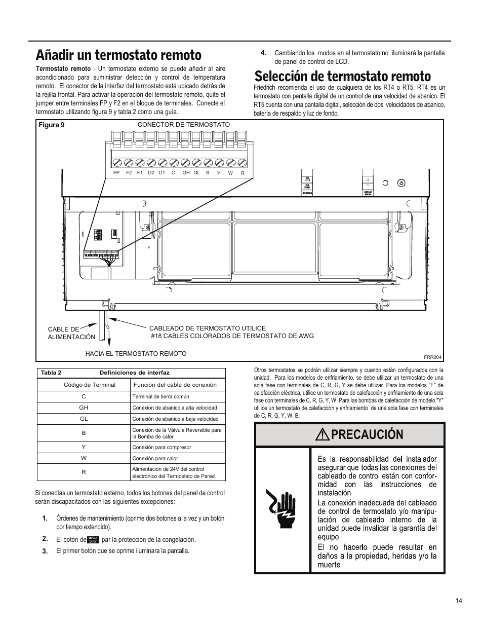 Añadir un termostato remoto, Selección de termostato remoto, Precaución | Friedrich ES15M33 User Manual | Page 58 / 132