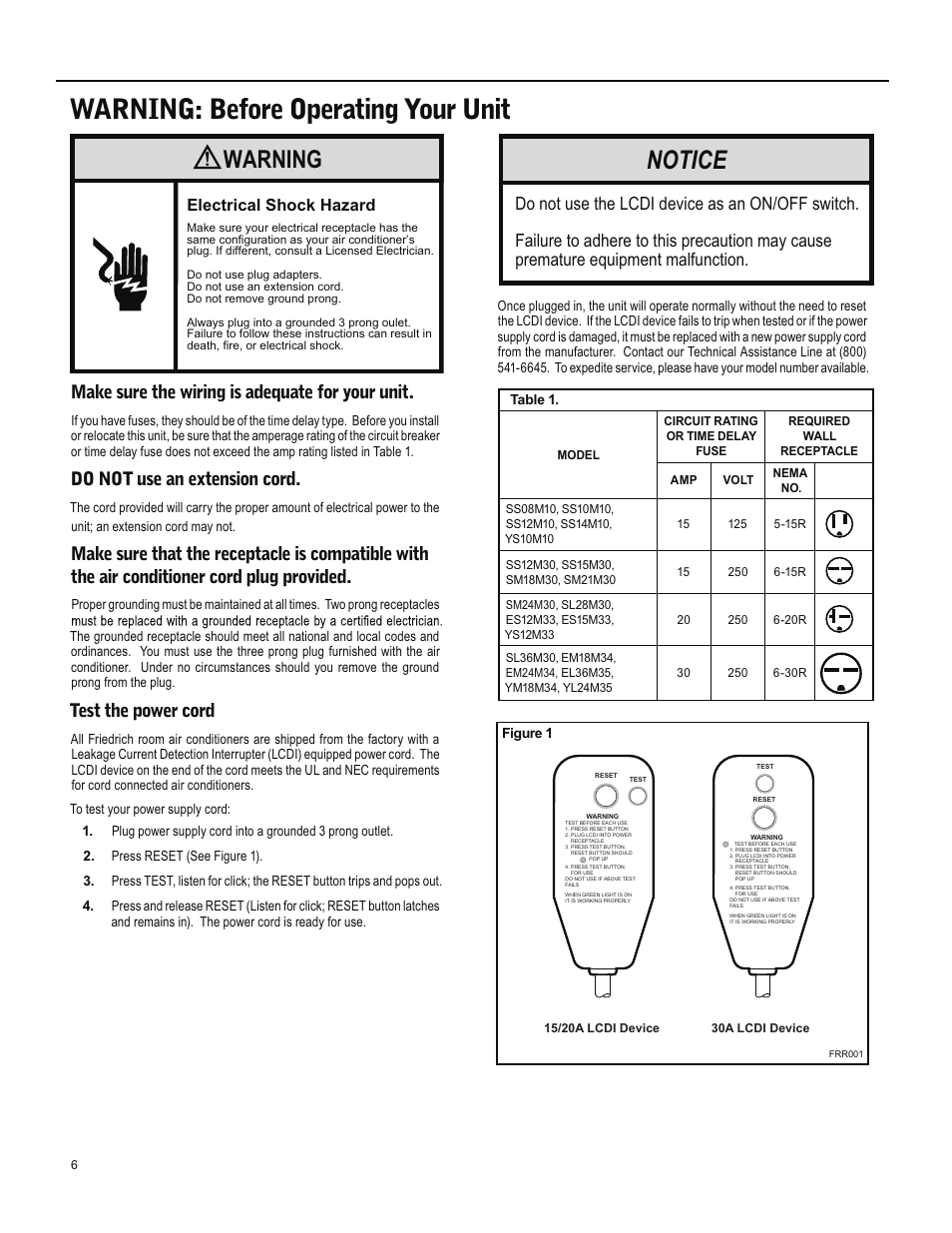 Warning: before operating your unit, Notice, Warning | Make sure the wiring is adequate for your unit, Do not use an extension cord, Test the power cord, Electrical shock hazard | Friedrich ES15M33 User Manual | Page 6 / 132