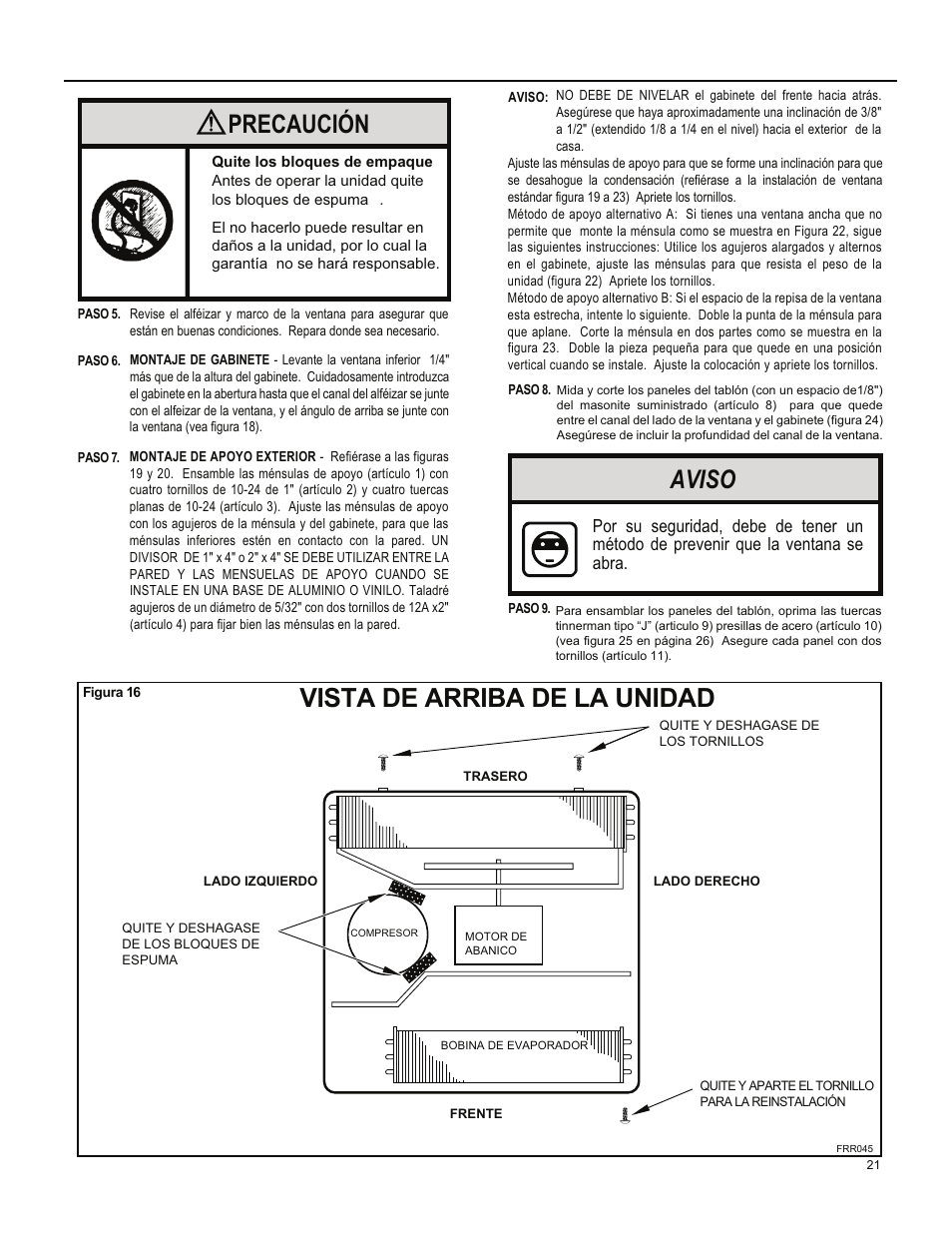 Vista de arriba de la unidad, Precaución, Aviso | Friedrich ES15M33 User Manual | Page 65 / 132