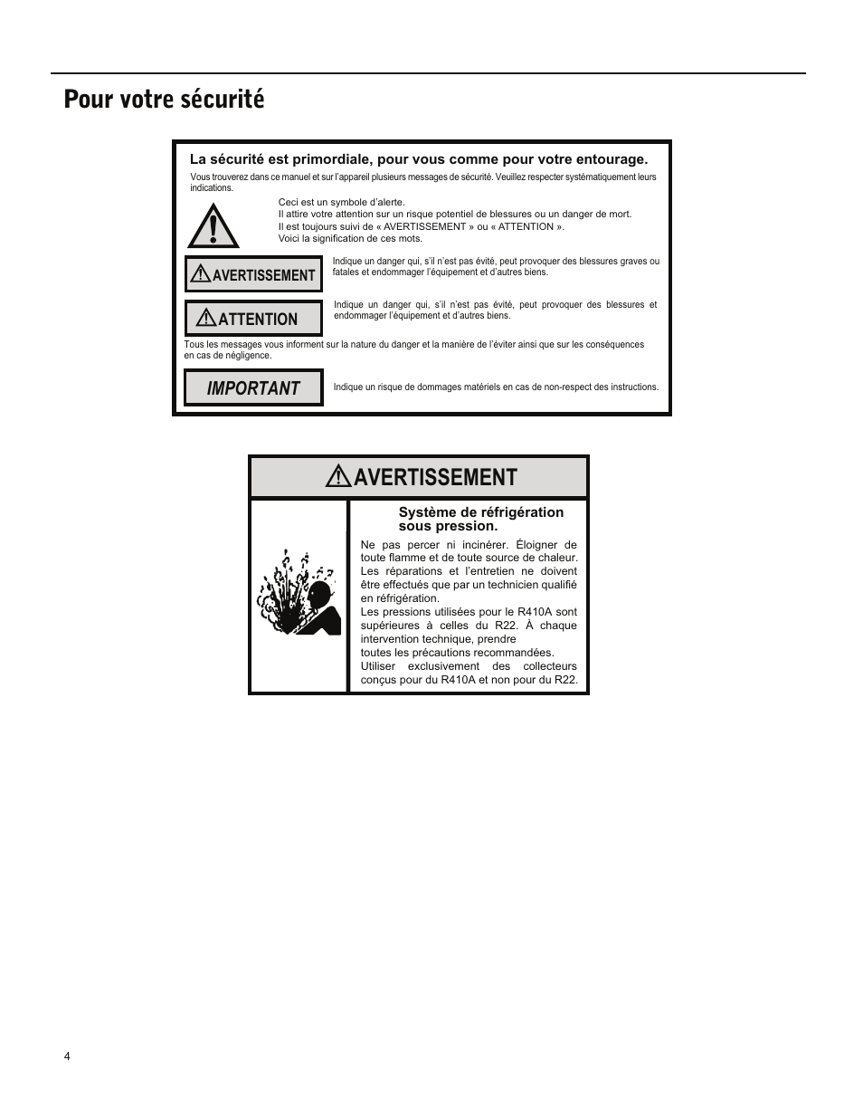 Pour votre sécurité, Avertissement, Important | Attention | Friedrich ES15M33 User Manual | Page 92 / 132