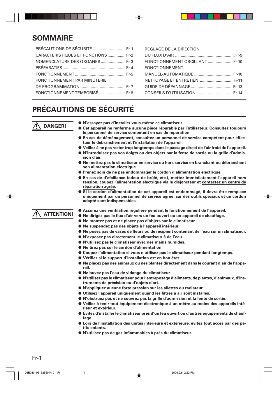 Sommaire, Précautions de sécurité, Fr-1 | Friedrich MR18C3F User Manual | Page 18 / 50