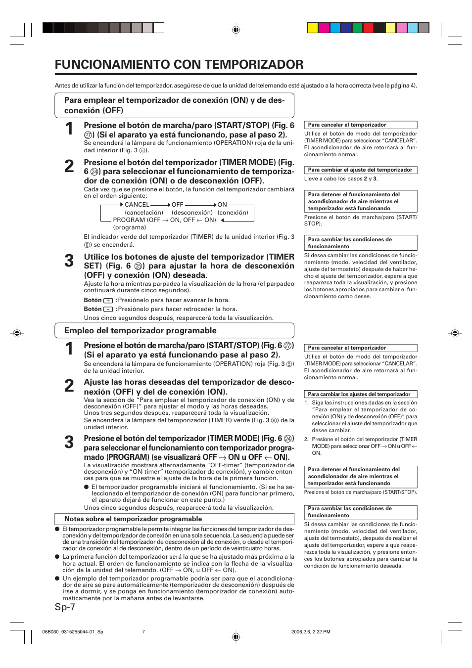 Funcionamiento con temporizador, Sp-7 | Friedrich MR18C3F User Manual | Page 40 / 50