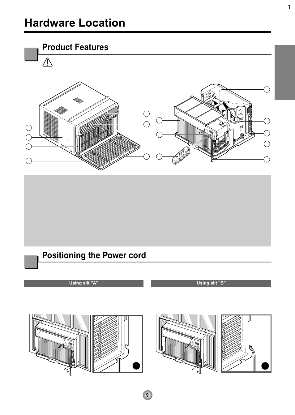 Hardware location, Product features positioning the power cord, English | Friedrich CP08 User Manual | Page 11 / 62