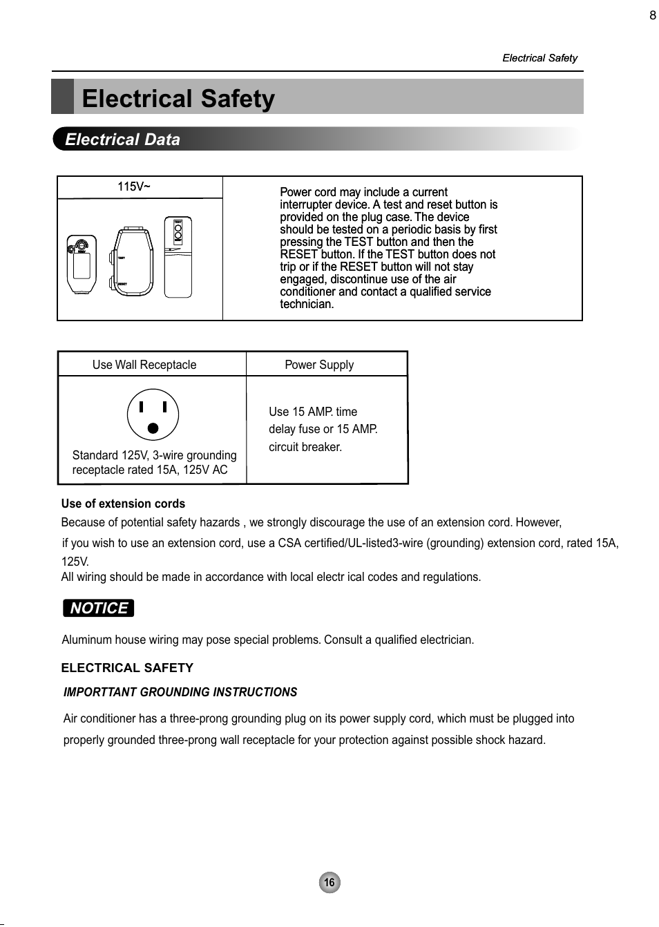 Electrical safety, Electrical data | Friedrich CP08 User Manual | Page 18 / 62