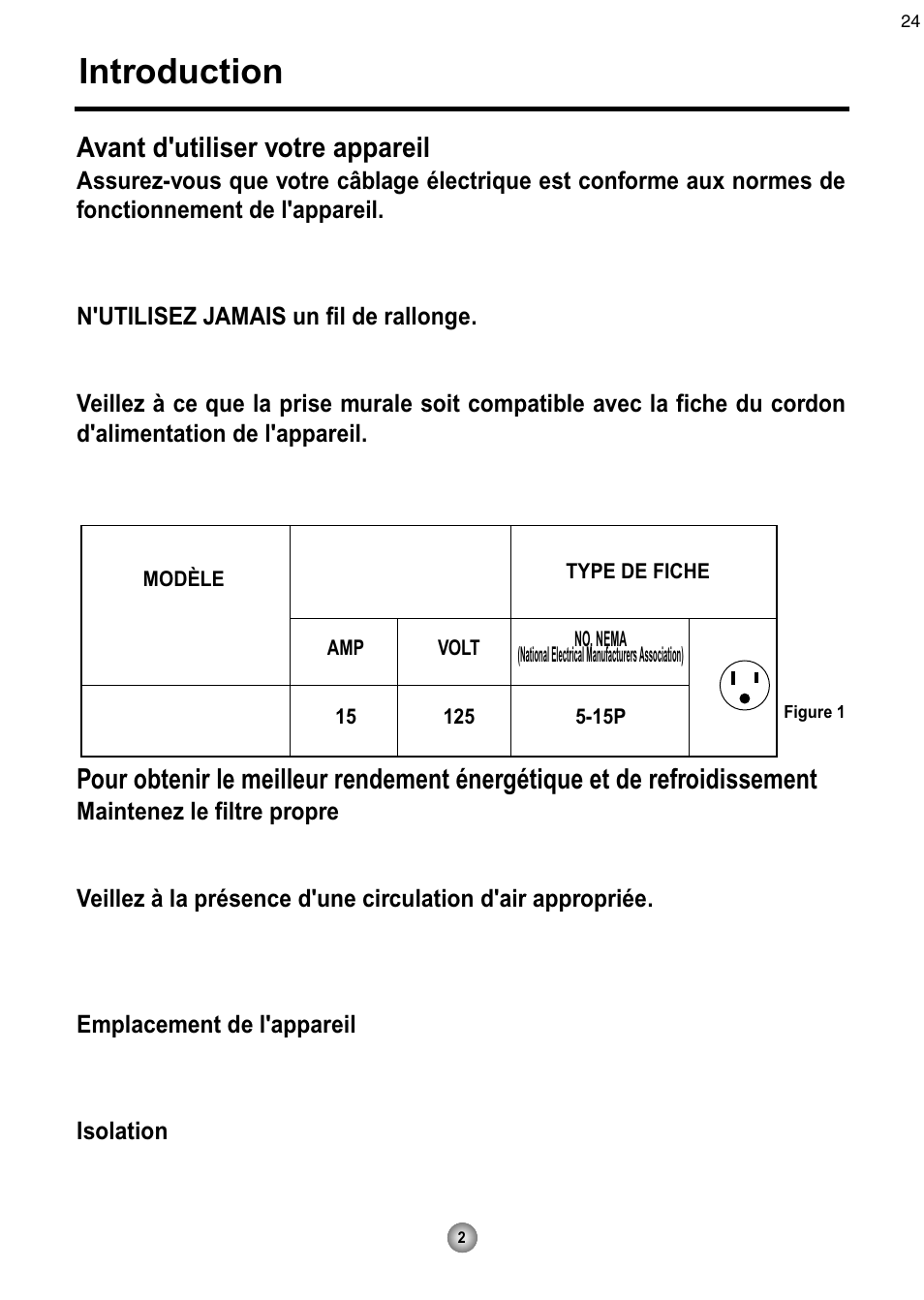 Introduction, Avant d'utiliser votre appareil, N'utilisez jamais un fil de rallonge | Maintenez le filtre propre, Emplacement de l'appareil, Isolation | Friedrich CP08 User Manual | Page 24 / 62