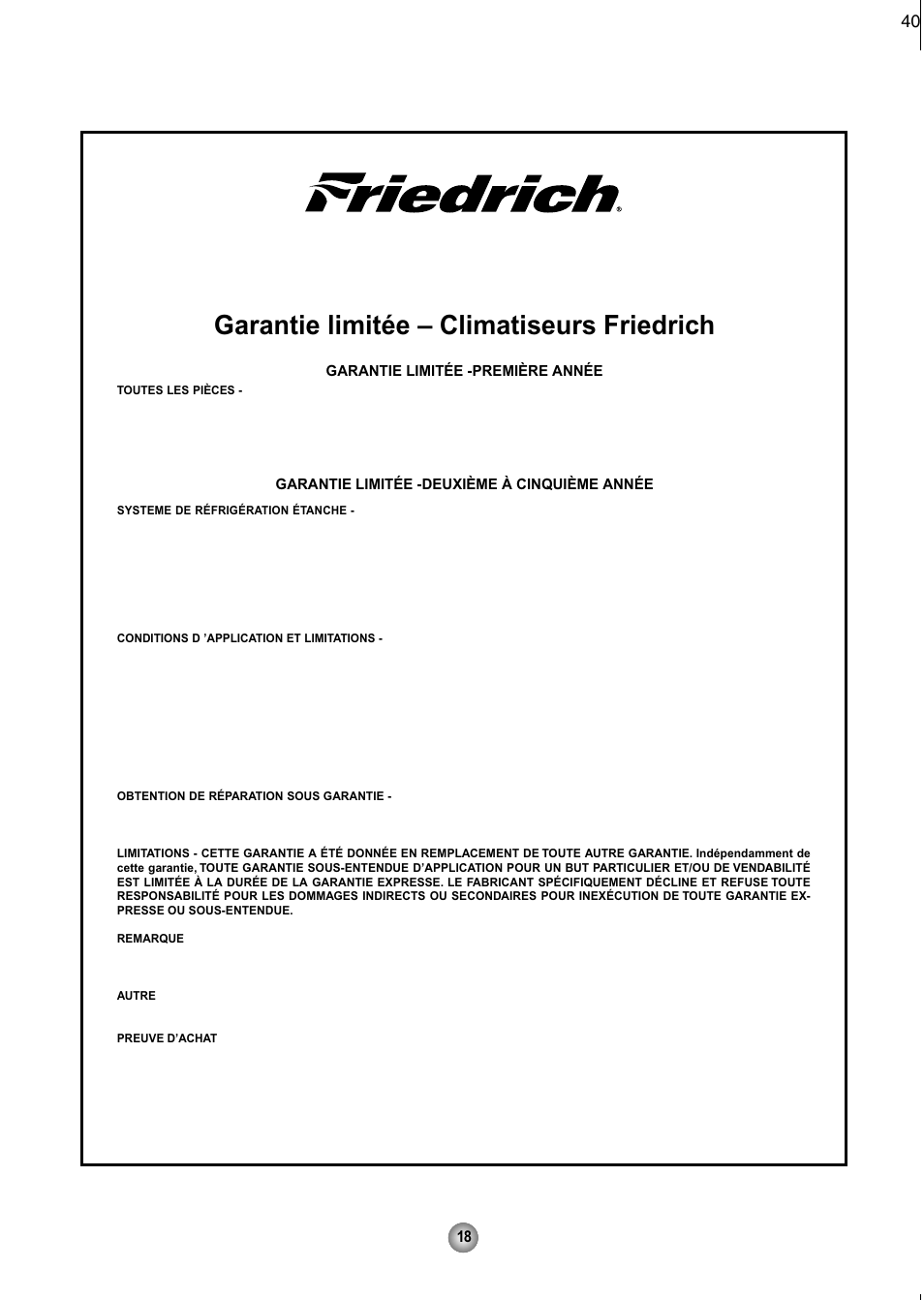 Garantie limitée – climatiseurs friedrich, Friedrich air conditioning co | Friedrich CP08 User Manual | Page 40 / 62