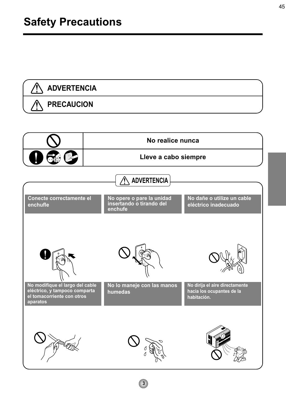 Safety precautions, Español, Advertencia | Precaucion | Friedrich CP08 User Manual | Page 45 / 62