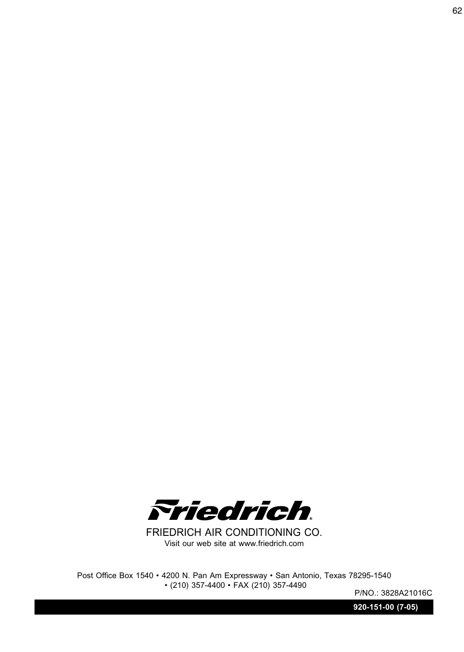 Friedrich air conditioning co | Friedrich CP08 User Manual | Page 62 / 62