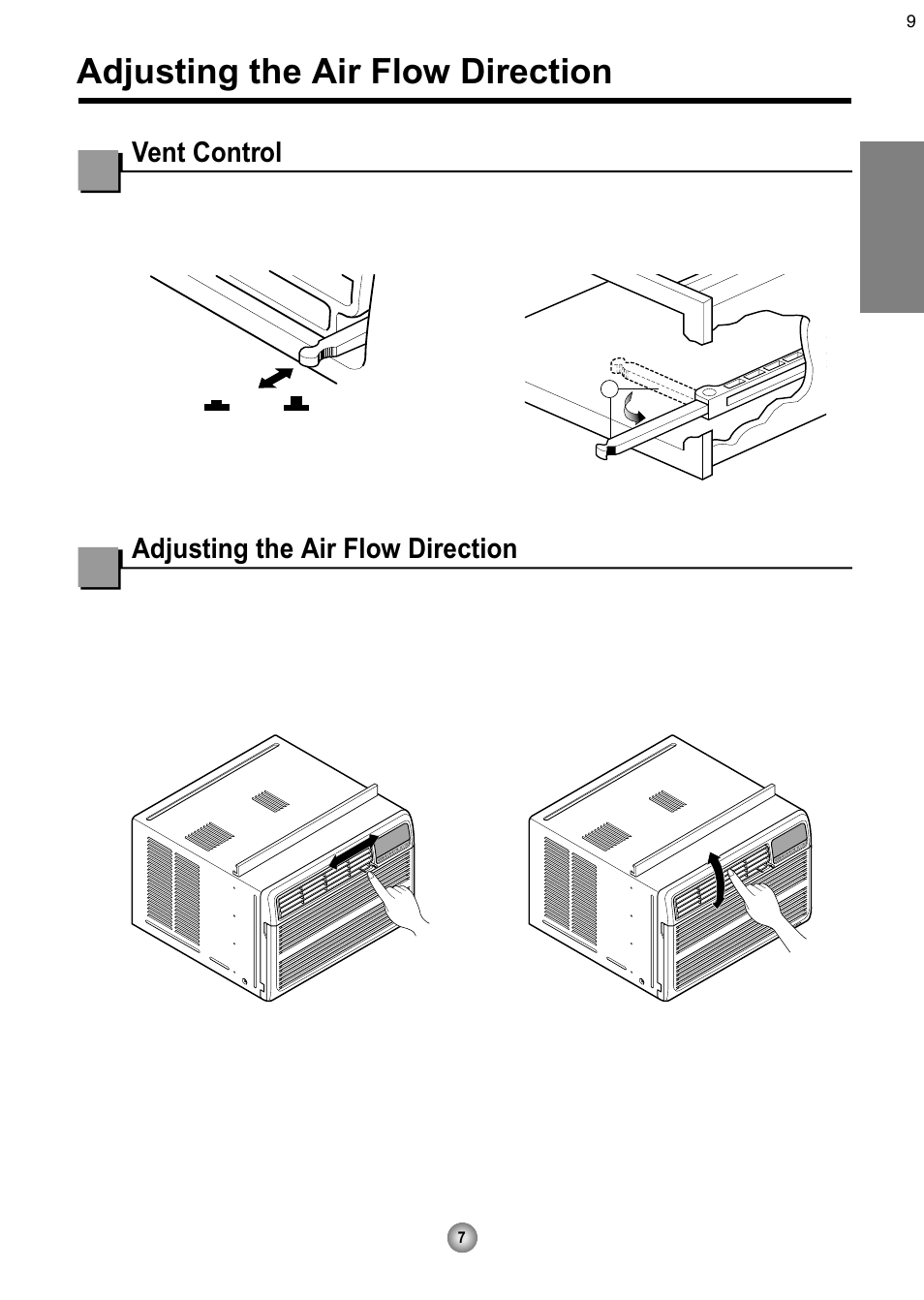 Adjusting the air flow direction, Vent control, English | Friedrich CP08 User Manual | Page 9 / 62