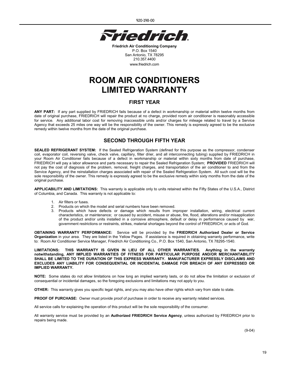 Room air conditioners limited warranty, First year, Second through fifth year | Friedrich KS15 User Manual | Page 19 / 56