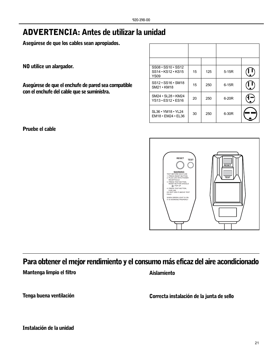 Advertencia: antes de utilizar la unidad, Asegúrese de que los cables sean apropiados, No utilice un alargador | Pruebe el cable, Mantenga limpio el filtro, Tenga buena ventilación, Instalación de la unidad, Aislamiento, Correcta instalación de la junta de sello | Friedrich KS15 User Manual | Page 21 / 56