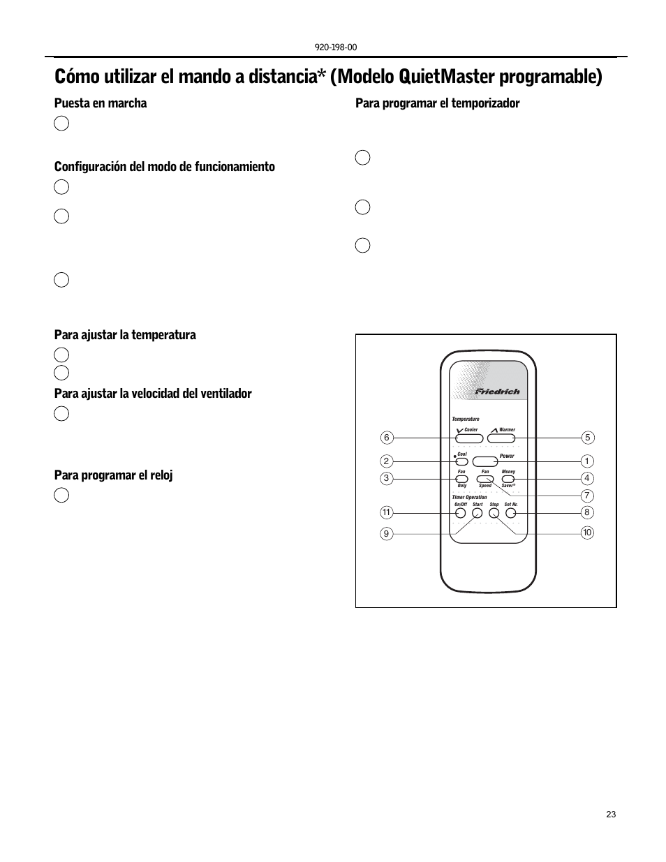 Puesta en marcha, Configuración del modo de funcionamiento, Para ajustar la temperatura | Para ajustar la velocidad del ventilador, Para programar el reloj, Para programar el temporizador | Friedrich KS15 User Manual | Page 23 / 56