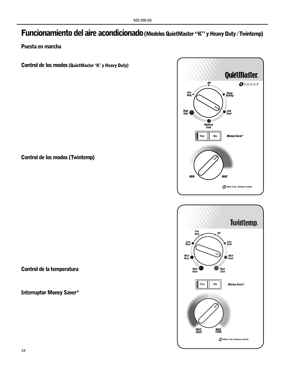 Funcionamiento del aire acondicionado, Modelos quietmaster “k” y heavy duty / twintemp), Puesta en marcha | Control de los modos, Control de los modos (twintemp), Control de la temperatura, Interruptor money saver | Friedrich KS15 User Manual | Page 24 / 56