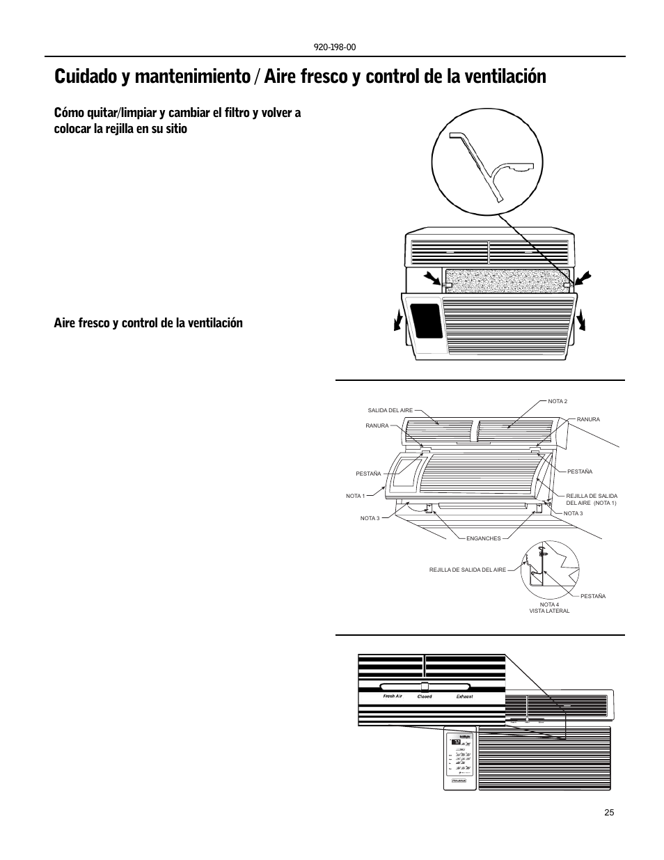 Filtro, Aire fresco y control de la ventilación | Friedrich KS15 User Manual | Page 25 / 56