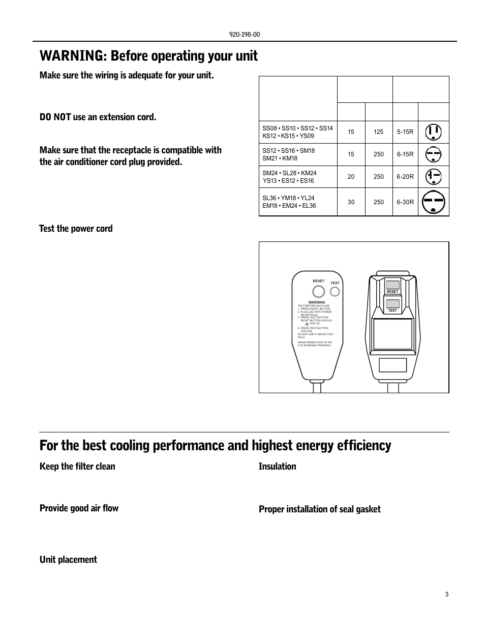 Keep the filter clean, Provide good air flow, Unit placement | Insulation, Proper installation of seal gasket, Make sure the wiring is adequate for your unit, Do not use an extension cord, Test the power cord | Friedrich KS15 User Manual | Page 3 / 56