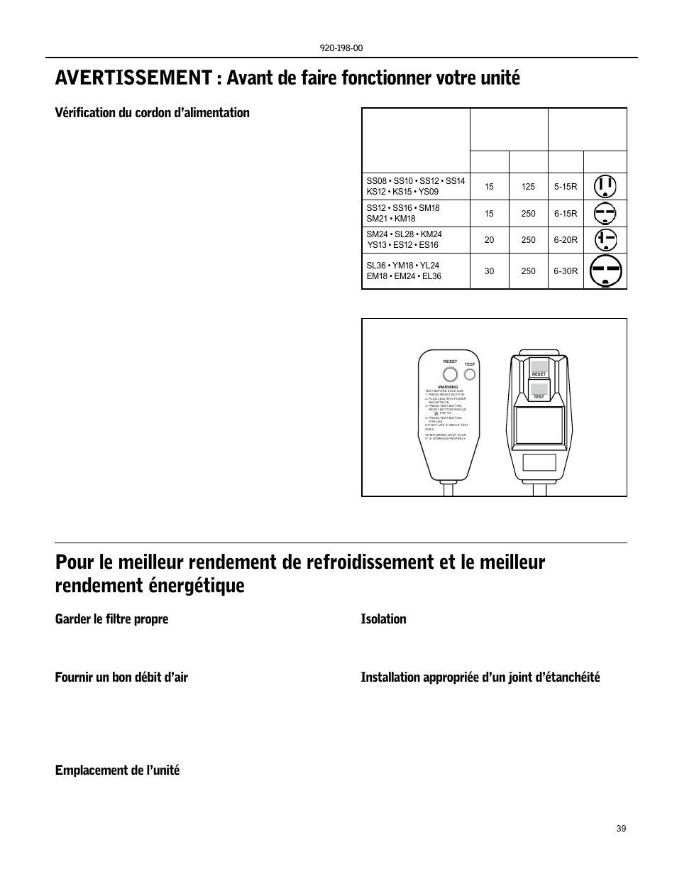 Vérification du cordon d’alimentation, Garder le filtre propre, Fournir un bon débit d’air | Emplacement de l’unité, Isolation, Installation appropriée d’un joint d’étanchéité | Friedrich KS15 User Manual | Page 39 / 56
