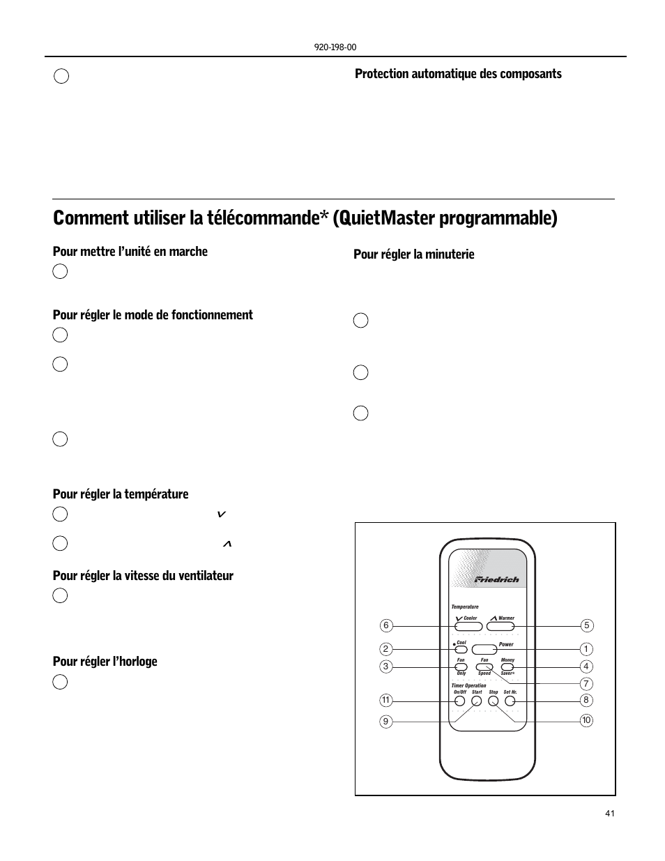 Pour mettre l’unité en marche, Pour régler le mode de fonctionnement, Pour régler la température | Pour régler la vitesse du ventilateur, Pour régler l’horloge, Pour régler la minuterie, Protection automatique des composants | Friedrich KS15 User Manual | Page 41 / 56