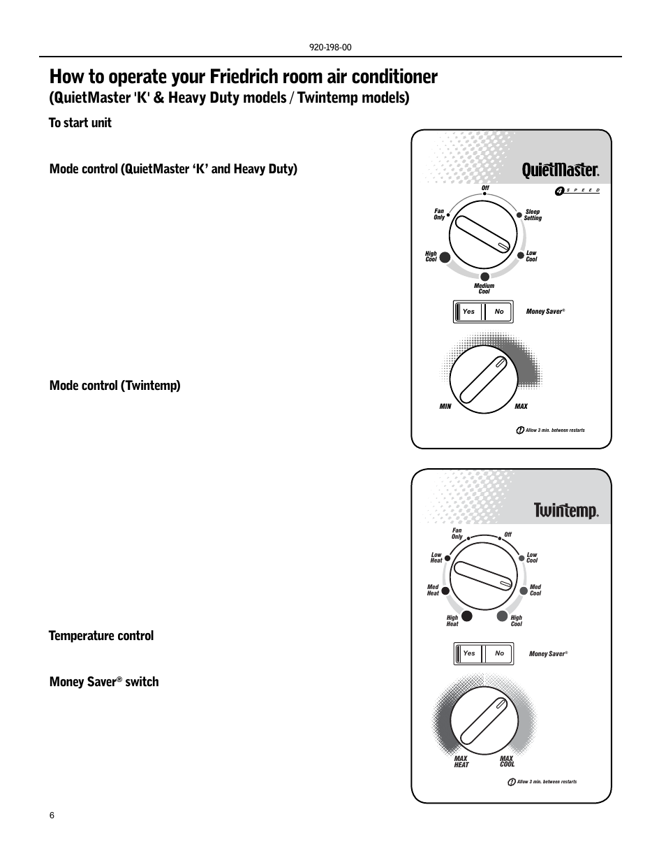 Mode control (quietmaster ‘k’ and heavy duty), Mode control (twintemp), Temperature control | Money saver, Switch | Friedrich KS15 User Manual | Page 6 / 56