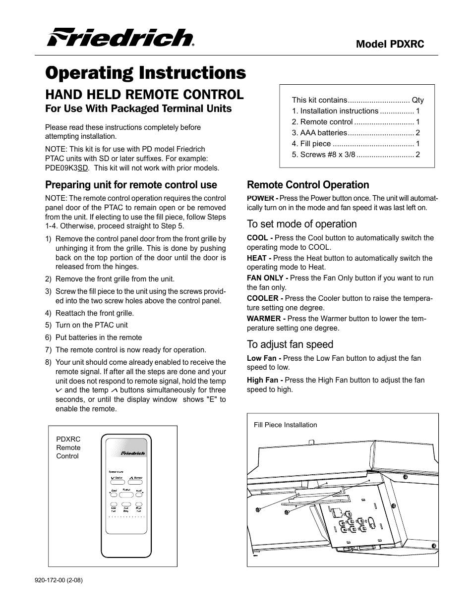 Friedrich PDXRC User Manual | 2 pages