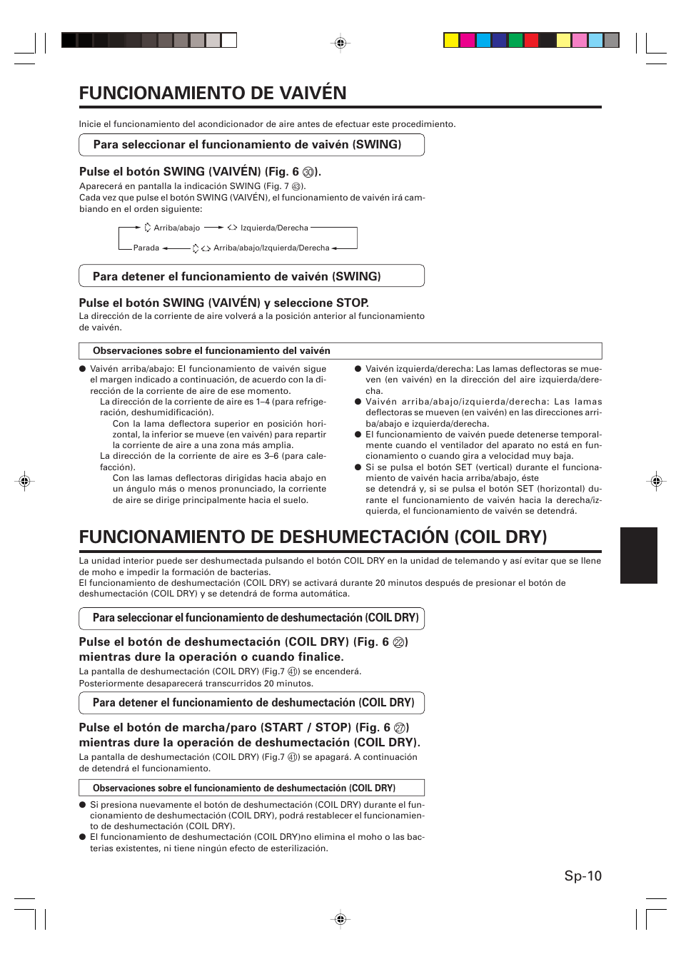 Funcionamiento de vaivén, Funcionamiento de deshumectación (coil dry), Sp-10 | Friedrich MW24Y3F User Manual | Page 39 / 46