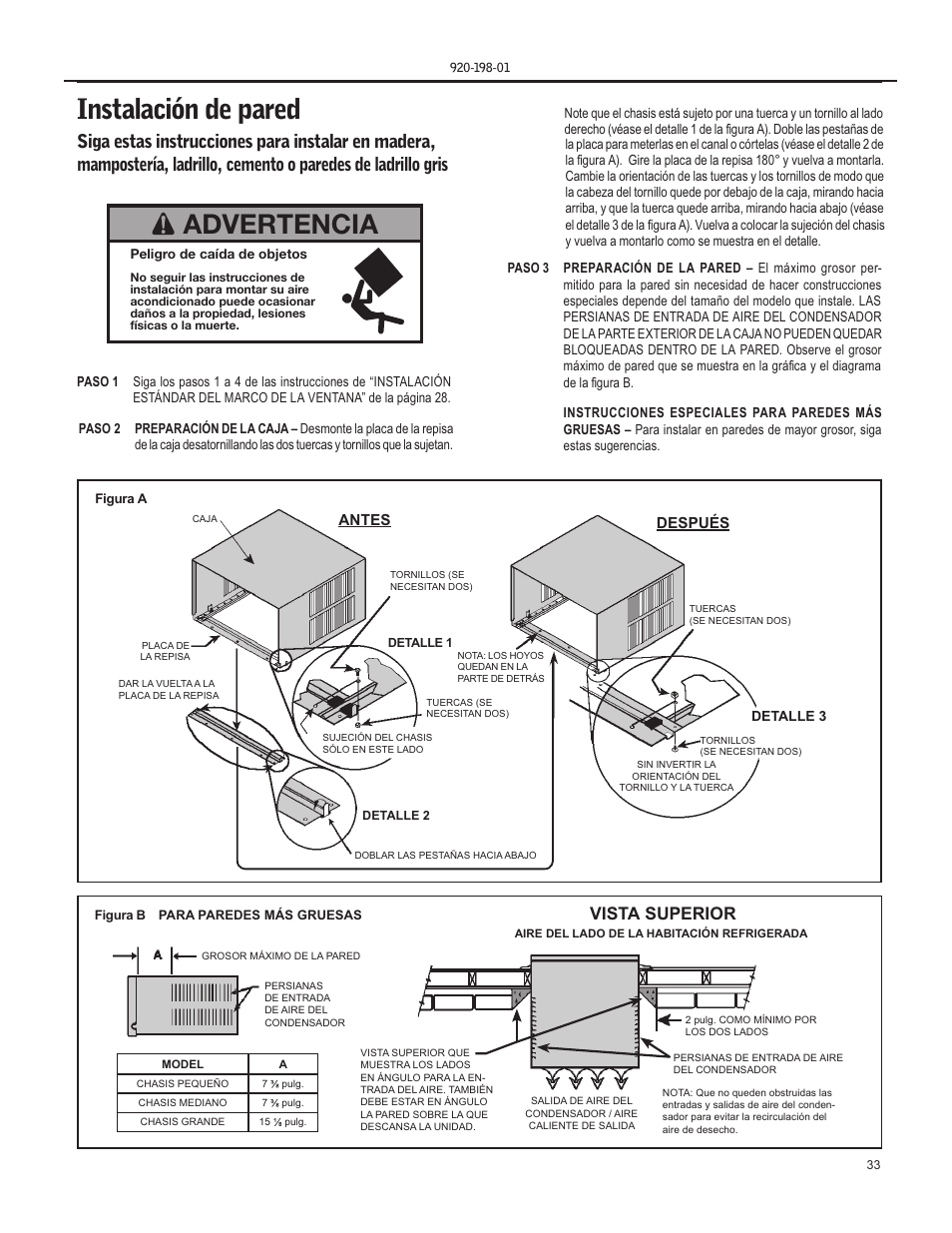 Instalación de pared, Advertencia, Vista superior | Friedrich KM18 User Manual | Page 33 / 56