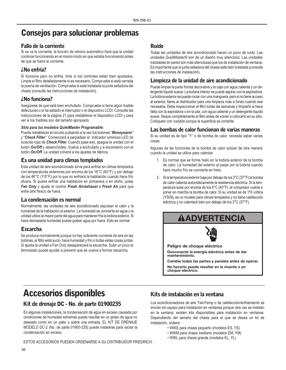 Accesorios disponibles, Consejos para solucionar problemas, Advertencia | Friedrich KM18 User Manual | Page 36 / 56