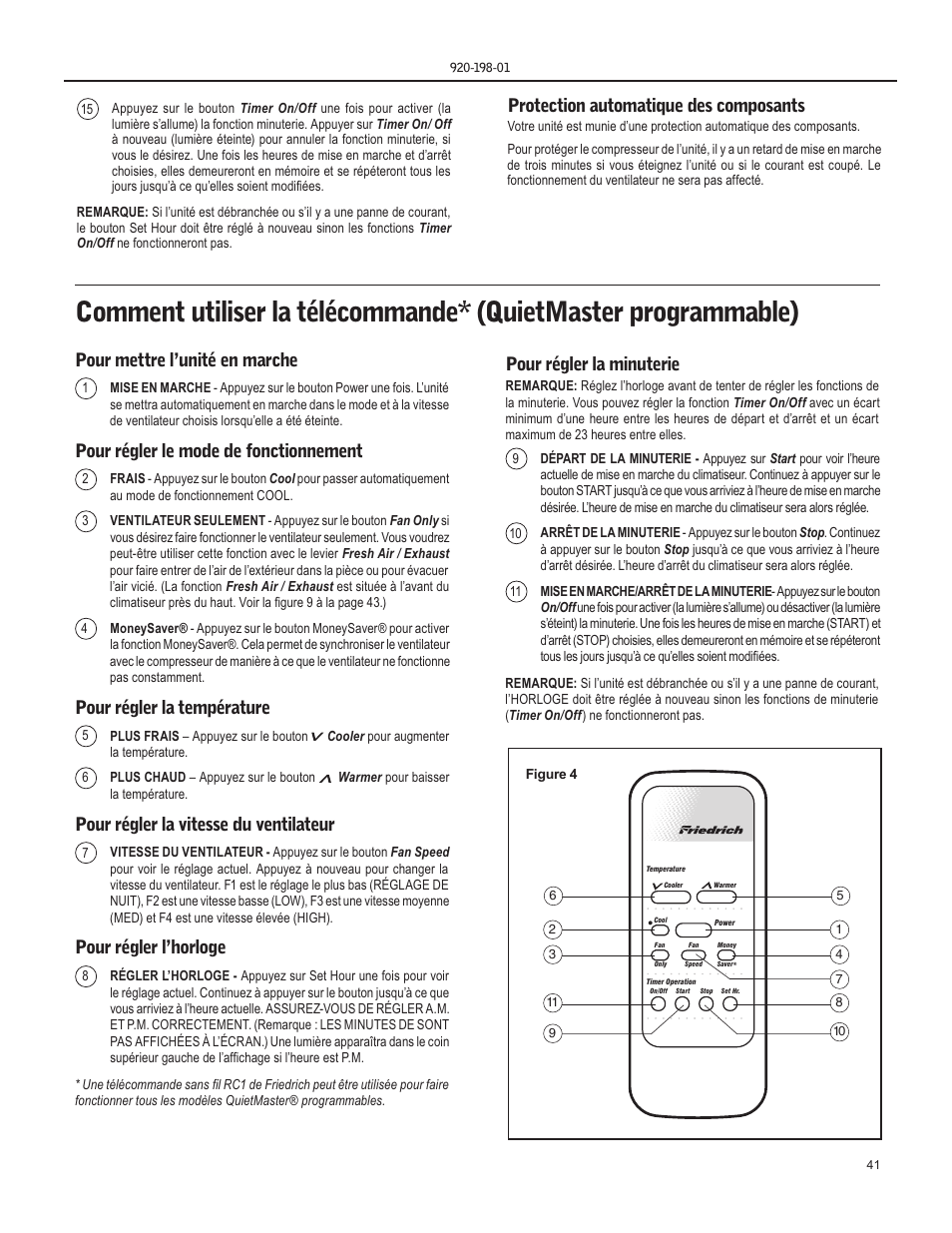 Pour mettre l’unité en marche, Pour régler le mode de fonctionnement, Pour régler la température | Pour régler la vitesse du ventilateur, Pour régler l’horloge, Pour régler la minuterie, Protection automatique des composants | Friedrich KM18 User Manual | Page 41 / 56