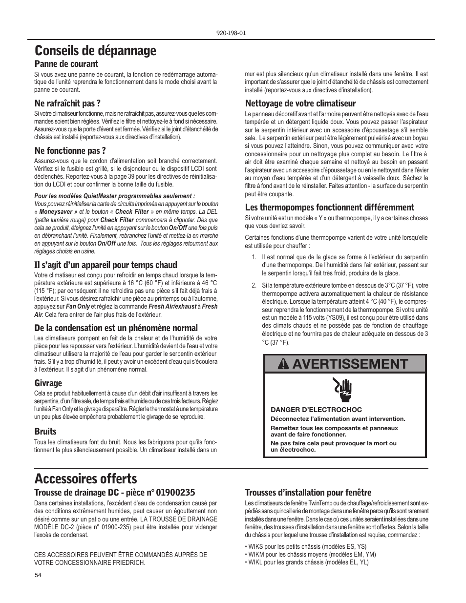 Conseils de dépannage, Accessoires offerts, Avertissement | Friedrich KM18 User Manual | Page 54 / 56