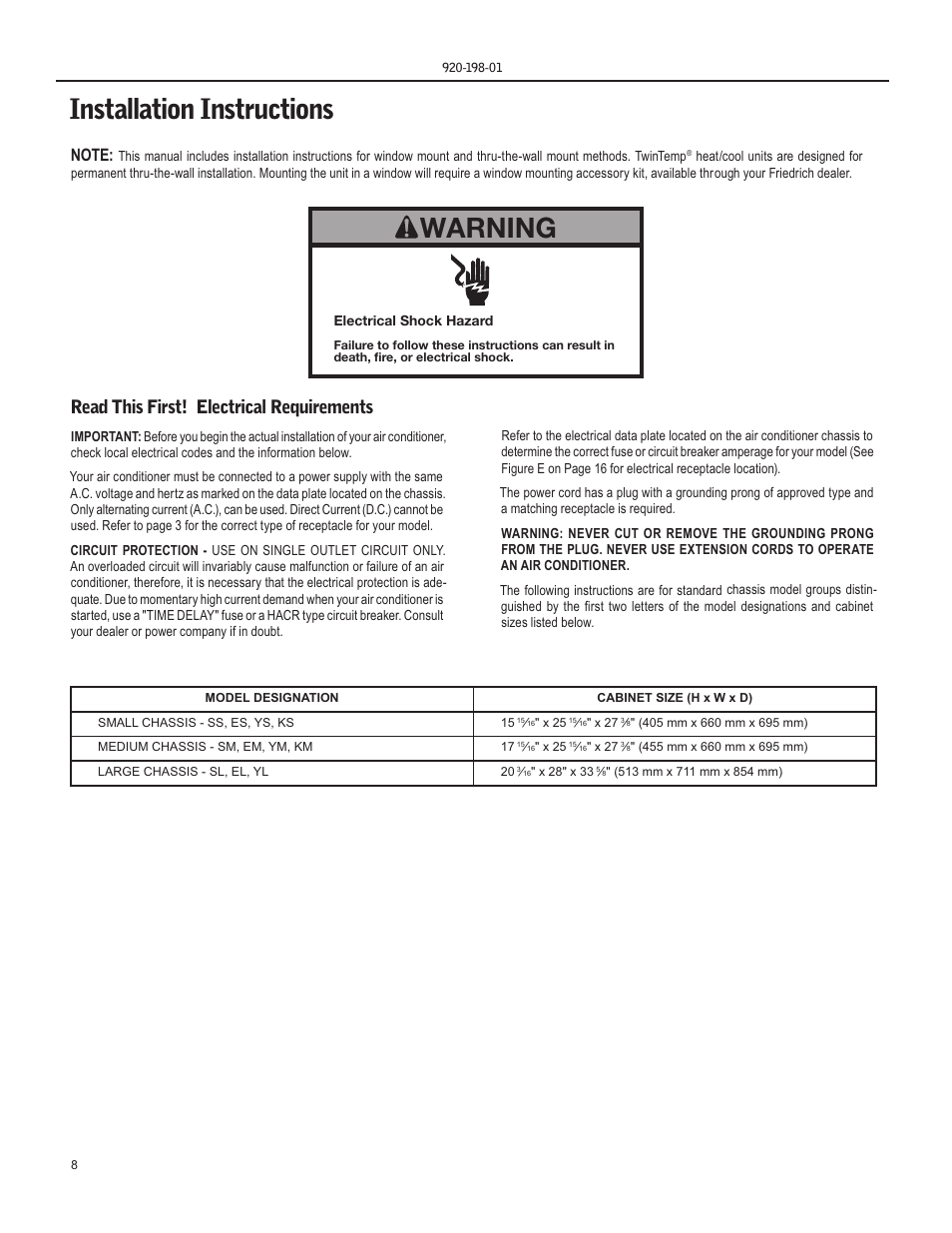 Installation instructions, Warning, Read this first! electrical requirements | Friedrich KM18 User Manual | Page 8 / 56