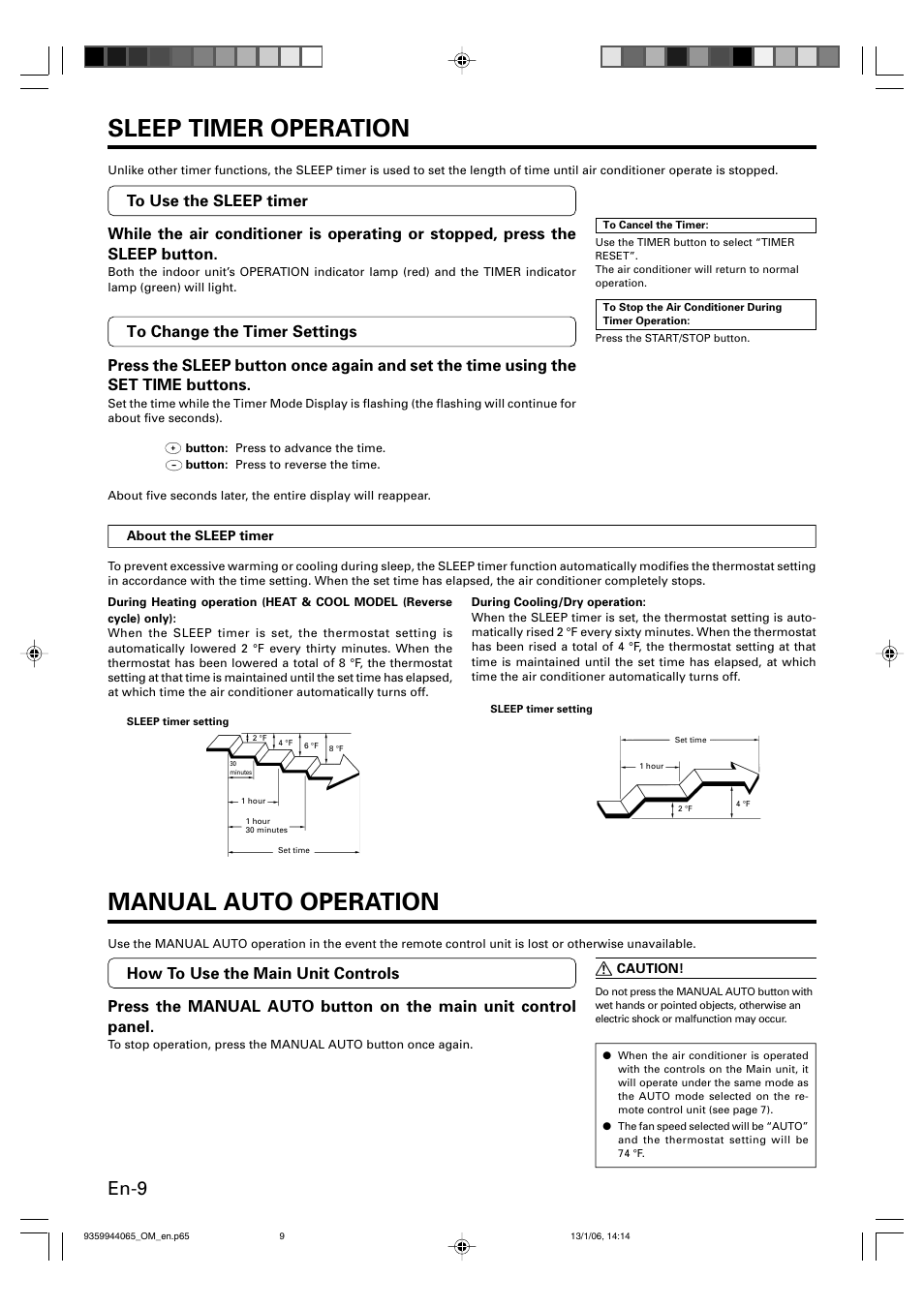 Sleep timer operation, Manual auto operation, En-9 | Friedrich 9359944065 User Manual | Page 10 / 56