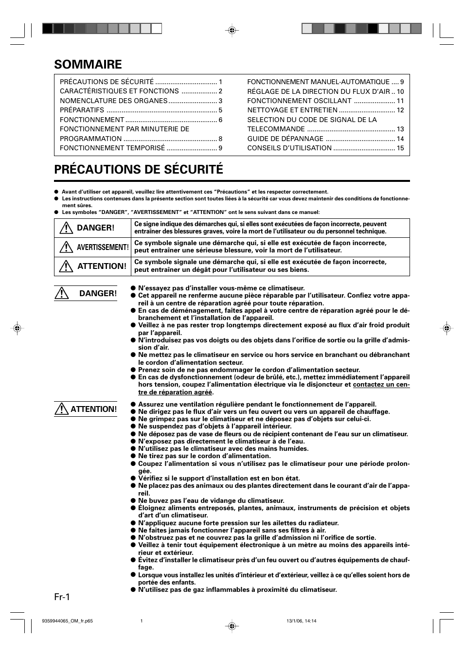 Sommaire, Précautions de sécurité, Fr-1 | Friedrich 9359944065 User Manual | Page 20 / 56