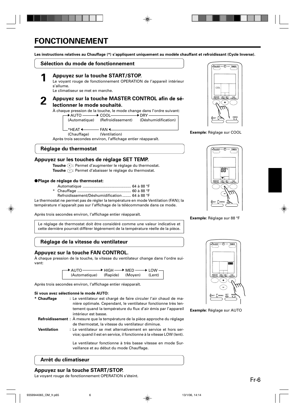 Fonctionnement, Fr-6 | Friedrich 9359944065 User Manual | Page 25 / 56