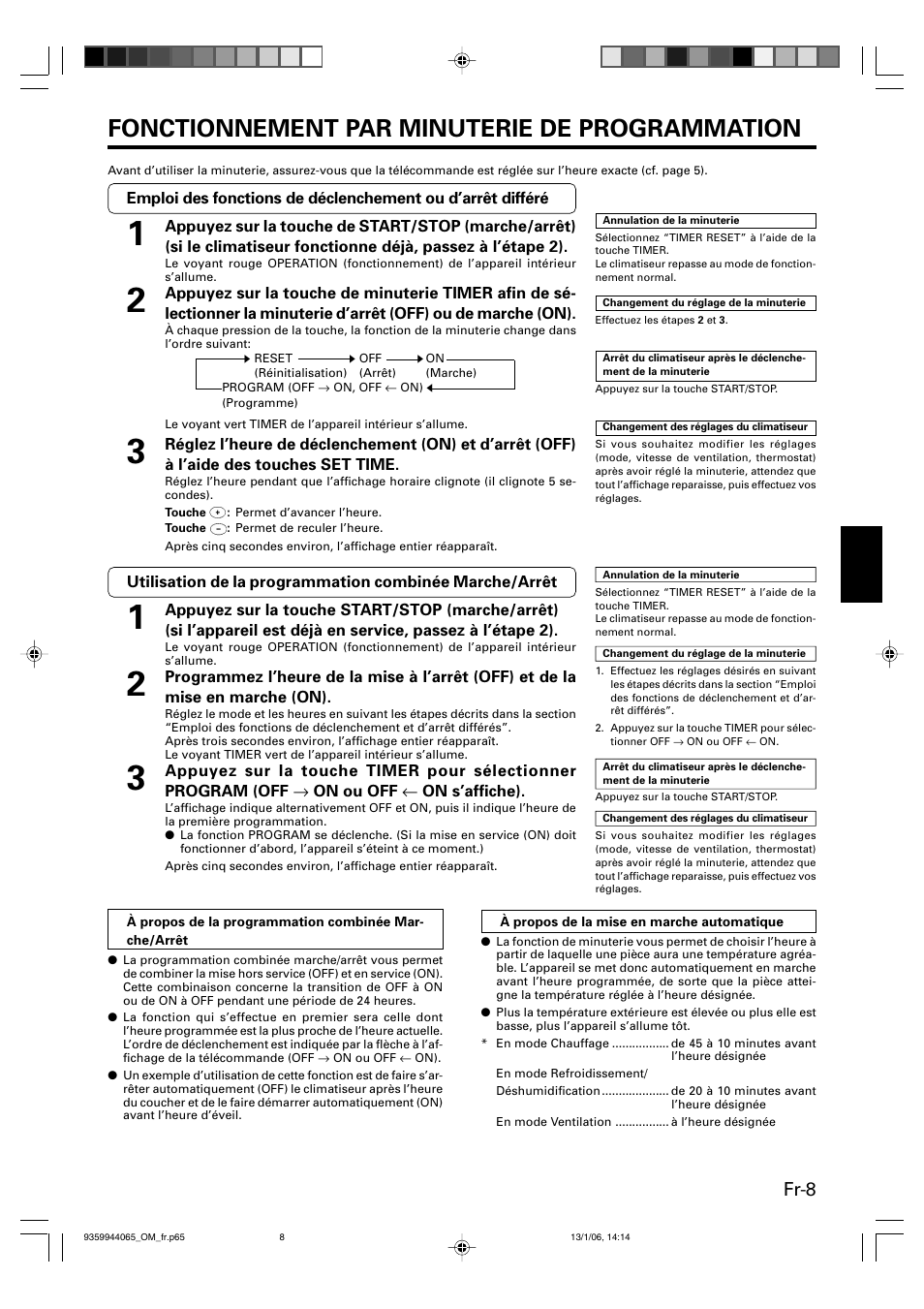 Fonctionnement par minuterie de programmation, Fr-8 | Friedrich 9359944065 User Manual | Page 27 / 56