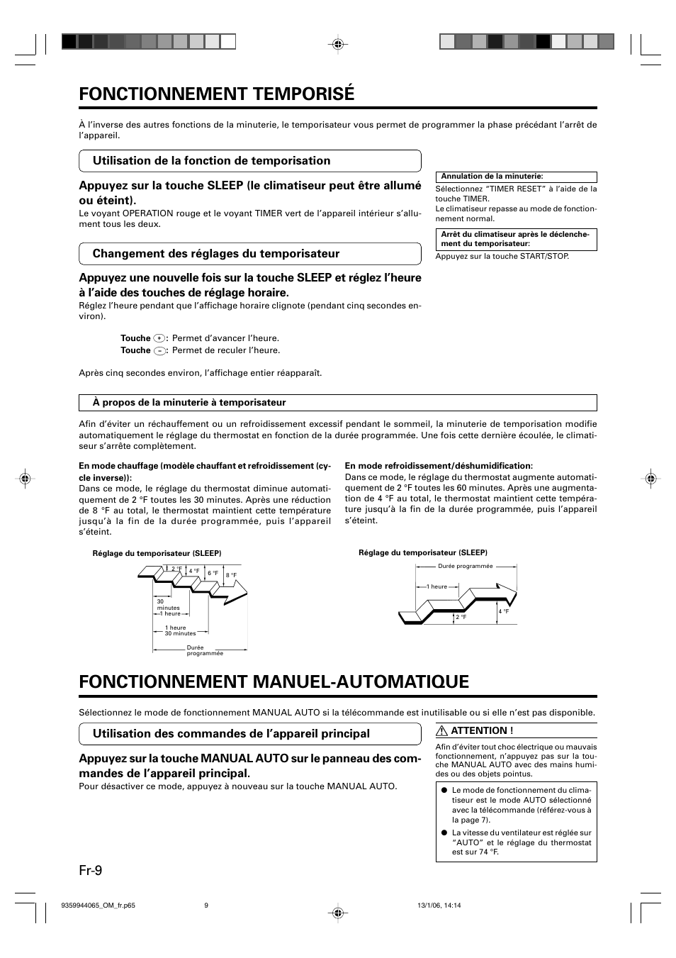 Fonctionnement temporisé, Fonctionnement manuel-automatique, Fr-9 | Friedrich 9359944065 User Manual | Page 28 / 56