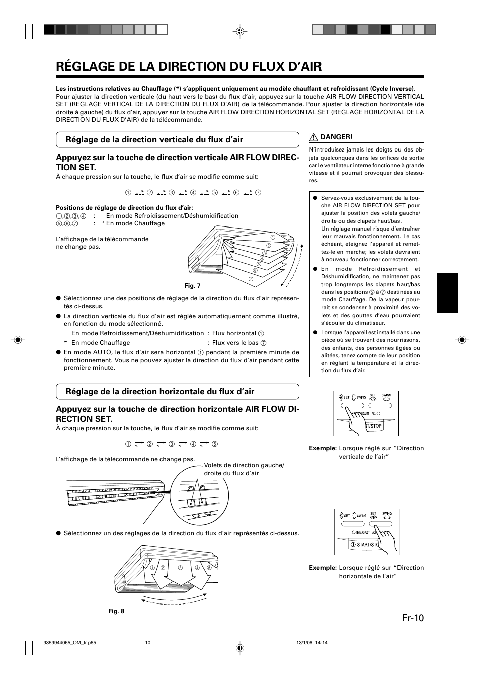 Réglage de la direction du flux d’air, Fr-10 | Friedrich 9359944065 User Manual | Page 29 / 56