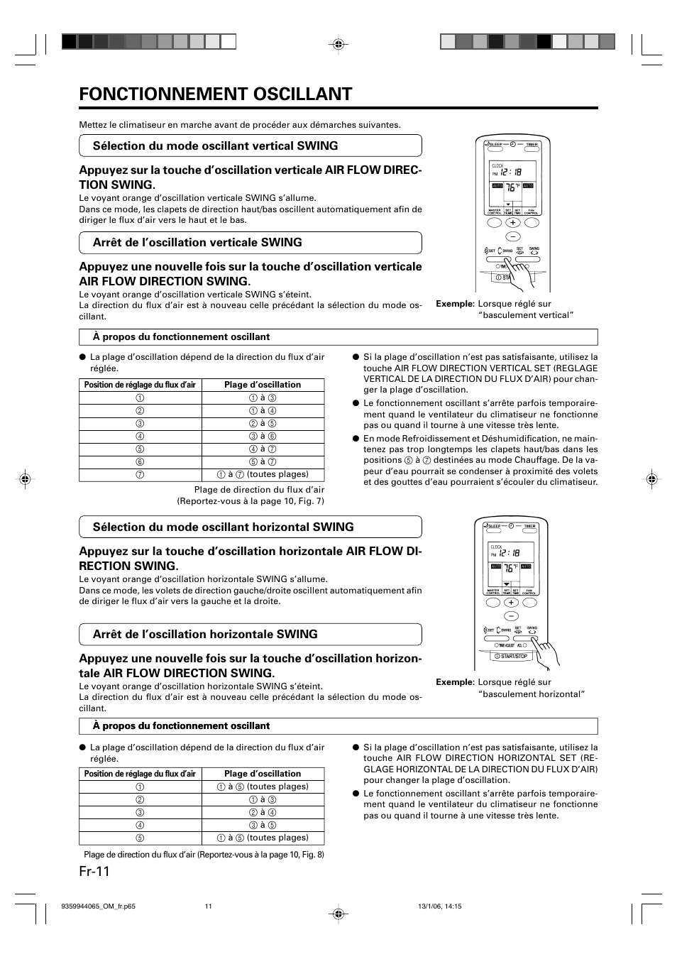 Fonctionnement oscillant, Fr-11 | Friedrich 9359944065 User Manual | Page 30 / 56