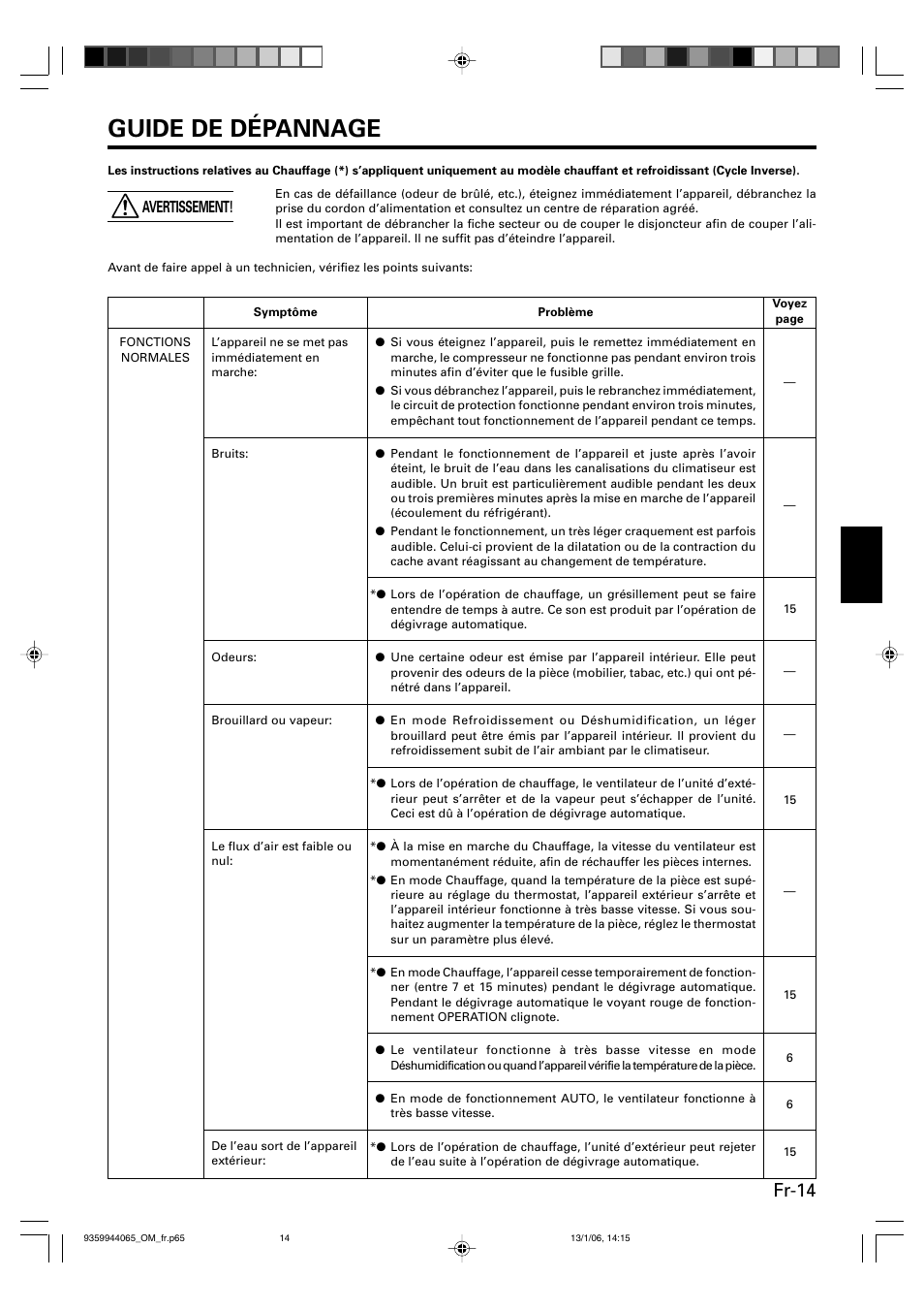 Guide de dépannage, Fr-14, Avertissement | Friedrich 9359944065 User Manual | Page 33 / 56