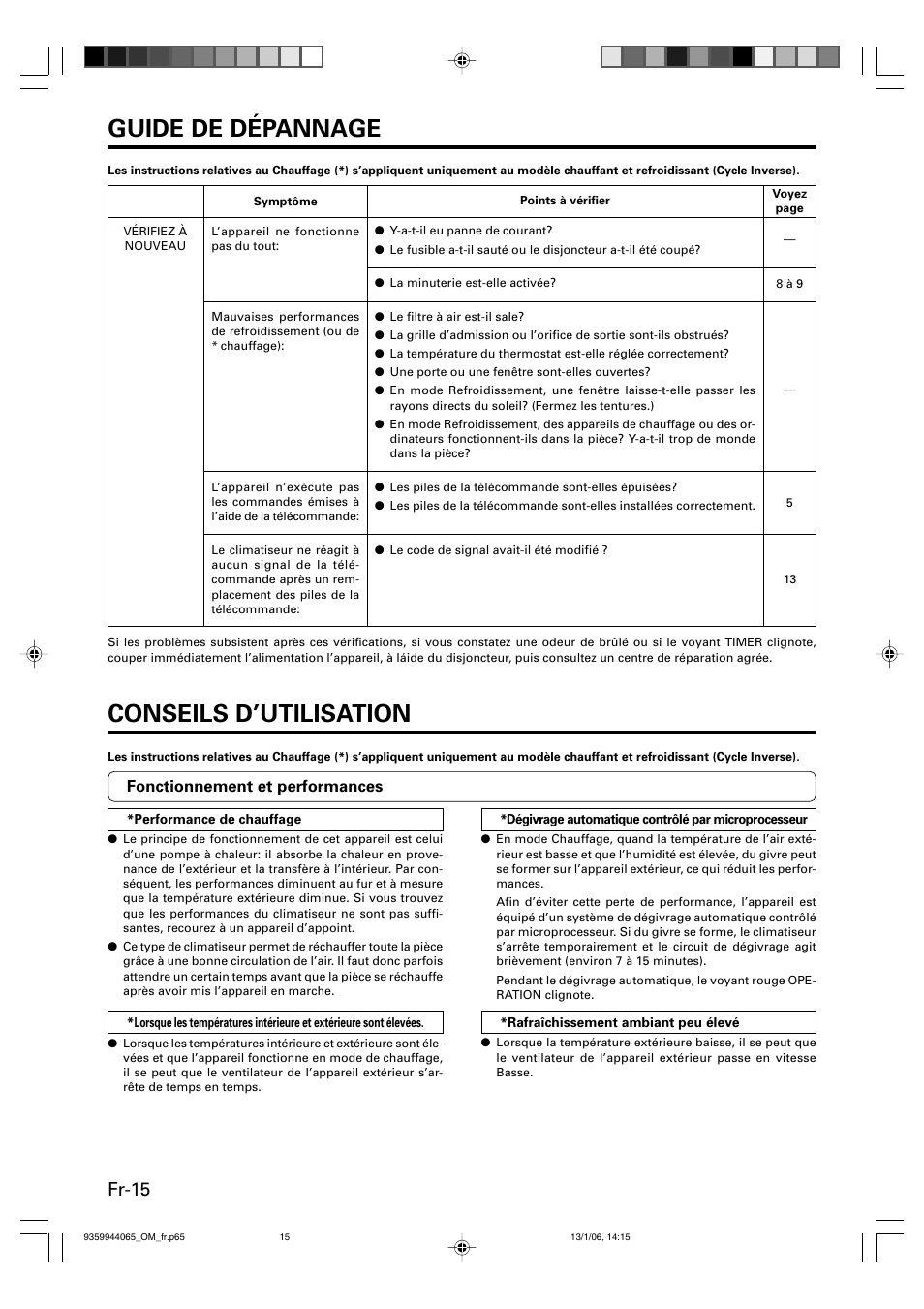 Guide de dépannage, Conseils d’utilisation, Fr-15 | Friedrich 9359944065 User Manual | Page 34 / 56